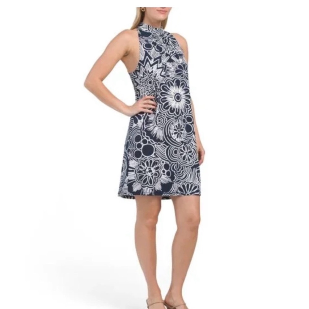 EUC TRINA TURK NAVY/WHITE Hanahou Daisy Printed Halter Mini Dress size XL